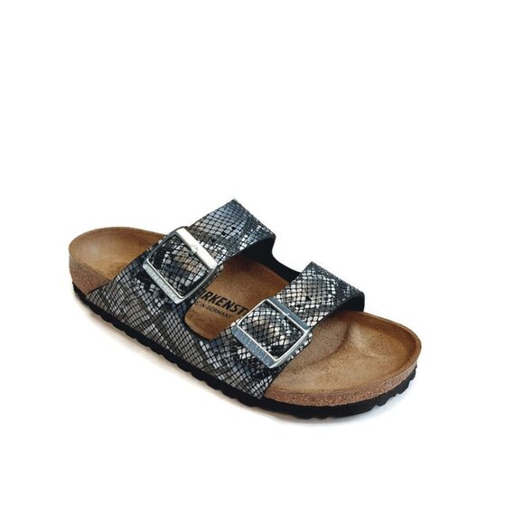 Birkenstock Arizona Sandals Mens 5 - 5.5 Womens 7 - 7.5 Black Python Narrow Cork - Picture 1 of 9